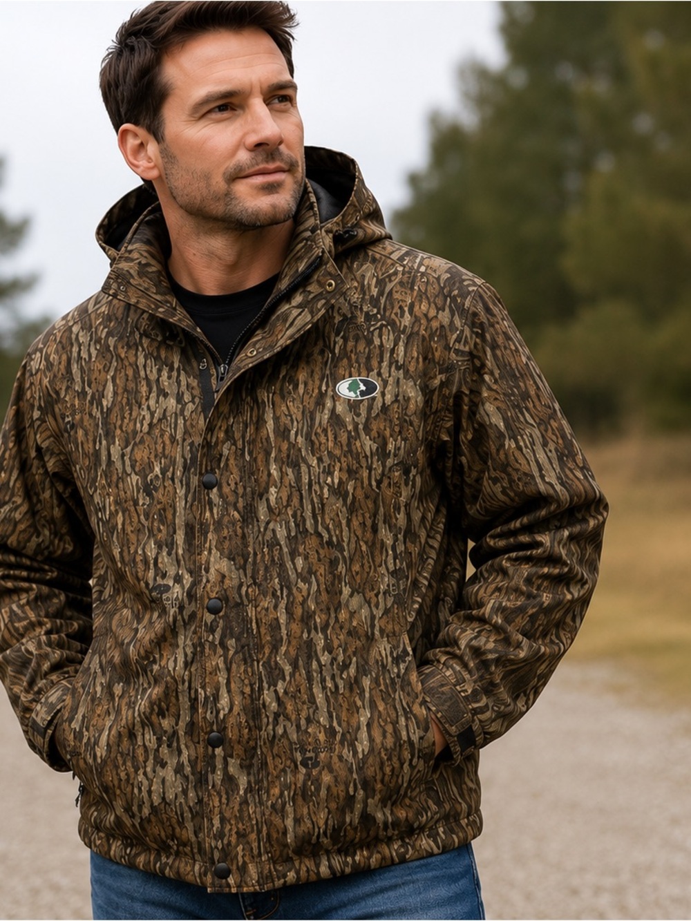 Mossy Oak Camo Rain Jacket Men’s Large Hooded Waterproof Full Zip Hunting